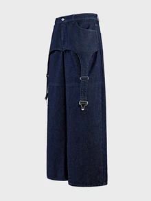 AXEPEAK Men's Gourd Buckle Decor Washed Vintage Long Pants - Blue - View 8