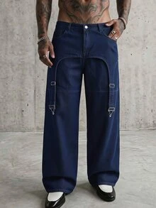 AXEPEAK Men's Gourd Buckle Decor Washed Vintage Long Pants - Blue - View 1