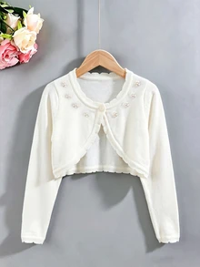 SHEIN Vintaside Kids Tween女孩可愛白色珍珠花朵開襟衫，秋季波浪荷葉邊短版長袖針織毛衣，舒適優雅返校上衣 - 白色 - 查看 3