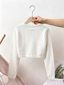 SHEIN Vintaside Kids Tween女孩可愛白色珍珠花朵開襟衫，秋季波浪荷葉邊短版長袖針織毛衣，舒適優雅返校上衣 - 白色 - 查看 5