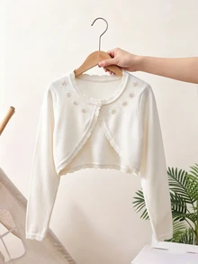 SHEIN Vintaside Kids Tween女孩可愛白色珍珠花朵開襟衫，秋季波浪荷葉邊短版長袖針織毛衣，舒適優雅返校上衣 - 白色 - 查看 4