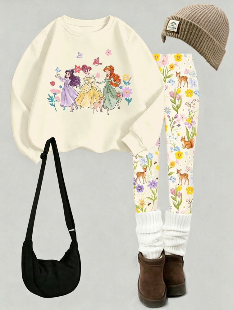 SHEIN Young Girls Fall Princess Floral Deer Graphic Sweatshirt & Print Leggings Set, Sweet Casual Autumn Outfit - Multicolor - View 3