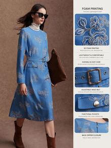 Zovinel Women's Elegant Autumn Commute Jacquard Belted Dress - Blue - View 3