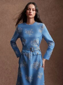 Zovinel Women's Elegant Autumn Commute Jacquard Belted Dress - Blue - View 5