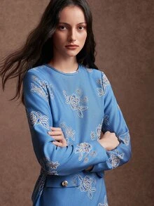 Zovinel Women's Elegant Autumn Commute Jacquard Belted Dress - Blue - View 4