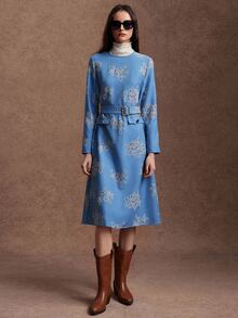 Zovinel Women's Elegant Autumn Commute Jacquard Belted Dress - Blue - View 8