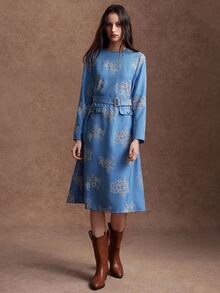 Zovinel Women's Elegant Autumn Commute Jacquard Belted Dress - Blue - View 9