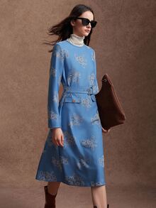Zovinel Women's Elegant Autumn Commute Jacquard Belted Dress - Blue - View 1