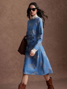 Zovinel Women's Elegant Autumn Commute Jacquard Belted Dress - Blue - View 7
