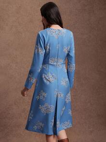 Zovinel Women's Elegant Autumn Commute Jacquard Belted Dress - Blue - View 2
