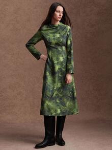 Zovinel Women's Tie-Dye Stand Collar Long Sleeve Elegant Mid-Length Dress - Dark Green - View 8