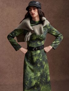 Zovinel Women's Tie-Dye Stand Collar Long Sleeve Elegant Mid-Length Dress - Dark Green - View 6