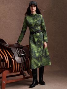Zovinel Women's Tie-Dye Stand Collar Long Sleeve Elegant Mid-Length Dress - Dark Green - View 1