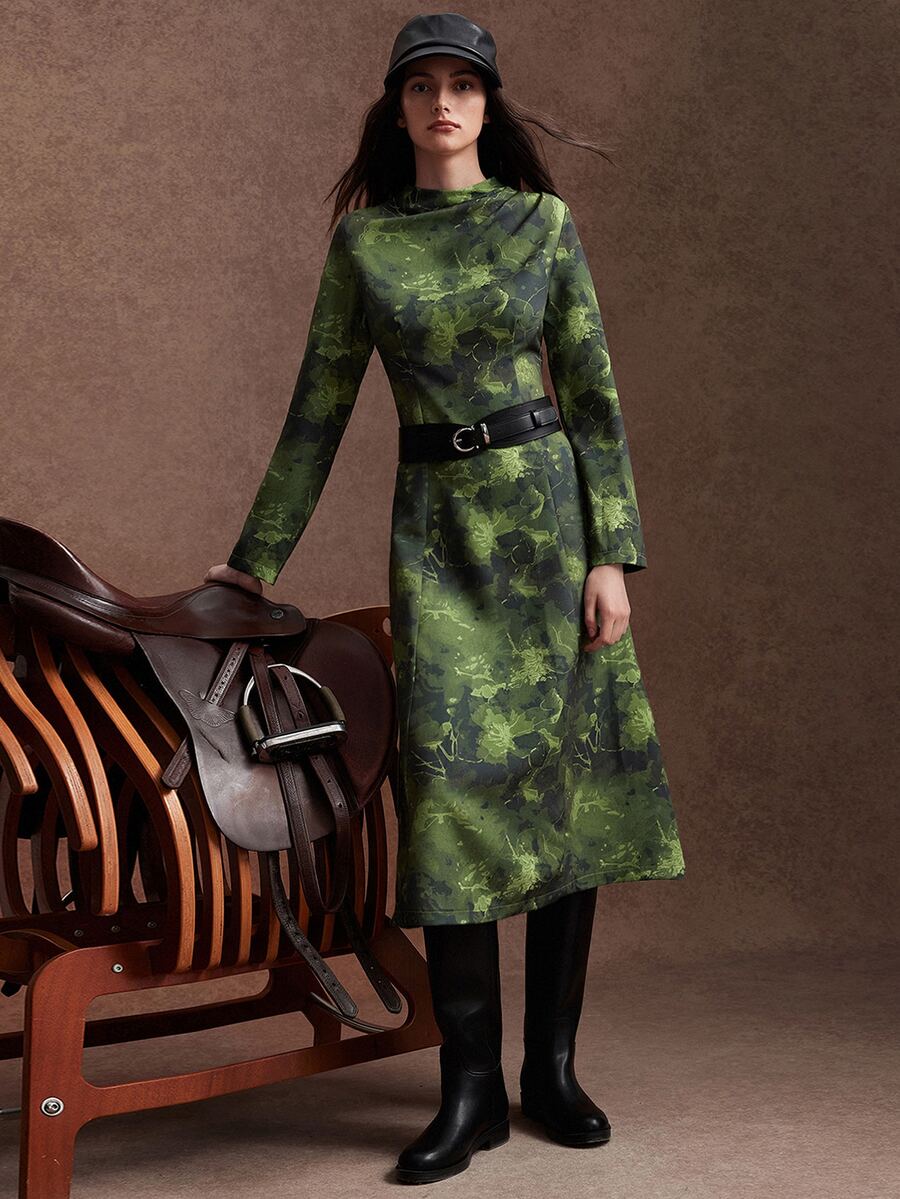 Zovinel Women's Tie-Dye Stand Collar Long Sleeve Elegant Mid-Length Dress - Dark Green - View 1
