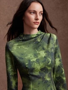 Zovinel Women's Tie-Dye Stand Collar Long Sleeve Elegant Mid-Length Dress - Dark Green - View 4