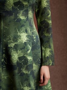 Zovinel Women's Tie-Dye Stand Collar Long Sleeve Elegant Mid-Length Dress - Dark Green - View 5