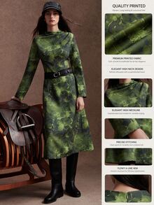 Zovinel Women's Tie-Dye Stand Collar Long Sleeve Elegant Mid-Length Dress - Dark Green - View 3