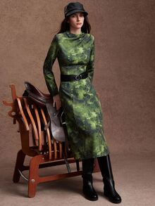 Zovinel Women's Tie-Dye Stand Collar Long Sleeve Elegant Mid-Length Dress - Dark Green - View 7