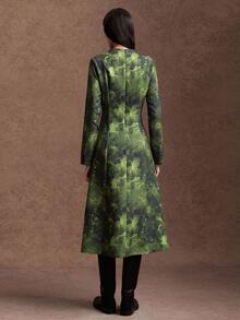 Zovinel Women's Tie-Dye Stand Collar Long Sleeve Elegant Mid-Length Dress - Dark Green - View 2