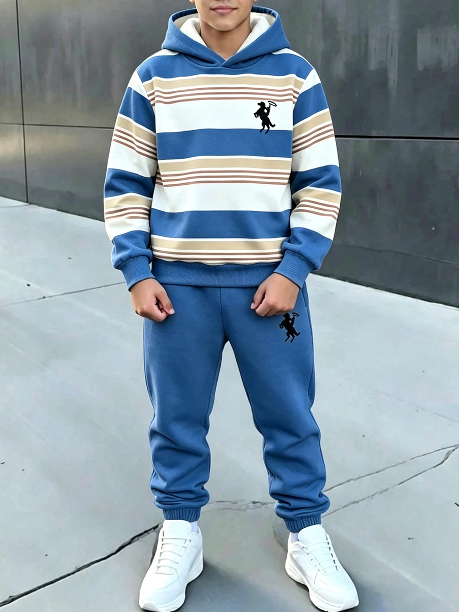 青少年男孩休閒舒適時尚極簡條紋拼色連帽衛衣套裝，適合戶外穿著與運動，秋冬款 - 彩色 - 查看 1