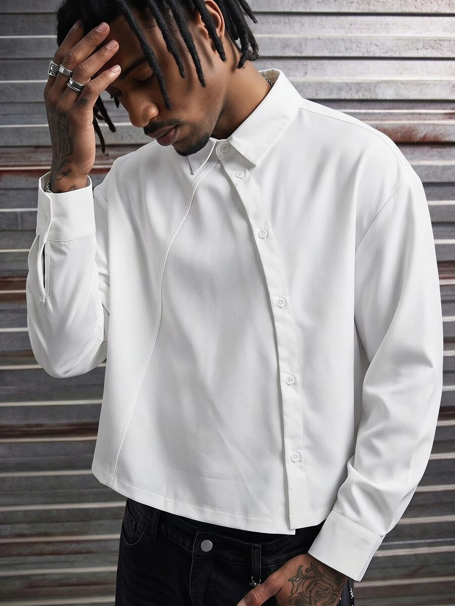 AXEPEAK Men's Solid Color Long Sleeve Single-Breasted Casual Commute Shirt - White - View 1