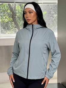 Muchica Women's Solid Color Hooded Sports Jacket - Army Green - View 3