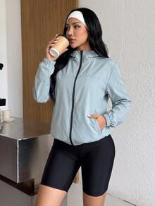 Muchica Women's Solid Color Hooded Sports Jacket - Army Green - View 9