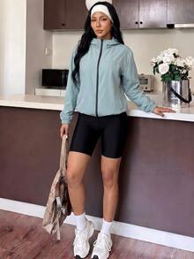 Muchica Women's Solid Color Hooded Sports Jacket - Army Green - View 4