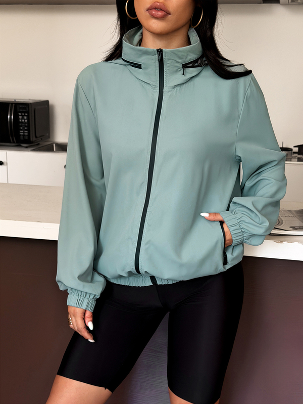 Muchica Jaket Olahraga Lengan Panjang Wanita Gaya Streetwear dengan Kantong Resleting untuk Bepergian