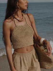 SHEIN WYWH Tie Back Crop Knit Top - Khaki - View 3
