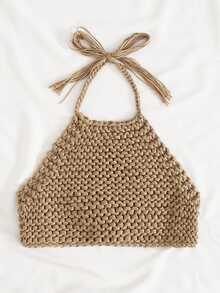 SHEIN WYWH Tie Back Crop Knit Top - Khaki - View 6