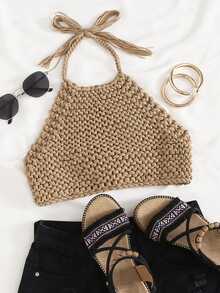 SHEIN WYWH Tie Back Crop Knit Top - Khaki - View 2