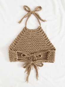 SHEIN WYWH Tie Back Crop Knit Top - Khaki - View 4