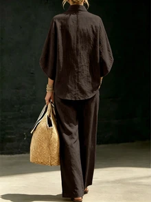 SHEIN Fiorisel 2件組杏色度假套裝，上衣與寬腿褲，女款鄉村風優雅套裝，夏季假期海灘穿搭 - 棕色 - 查看 2