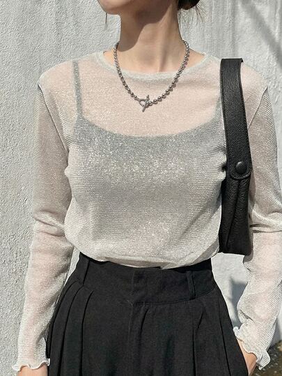 FRIFUL Women's Mesh Turtleneck Sheer Top, Layering Piece For Autumn Long Sleeve Tops