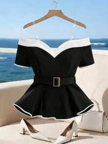 Rosivaux Women's Elegant Fashion Minimalist Black & White Contrast Metal Sun Buckle Decor Ruffle Hem Blouse, Versatile For Summer - Black - View 5