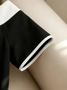 Rosivaux Women's Elegant Fashion Minimalist Black & White Contrast Metal Sun Buckle Decor Ruffle Hem Blouse, Versatile For Summer - Black - View 6