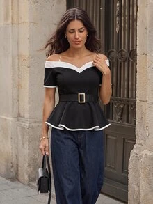Rosivaux Women's Elegant Fashion Minimalist Black & White Contrast Metal Sun Buckle Decor Ruffle Hem Blouse, Versatile For Summer - Black - View 1