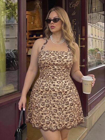 SHEIN MOD Plus Size Autumn/Winter Apricot & Brown Dual-Tone Lace Dress, Halter Neck Dress, Elegant Exquisite Fur-Like Lace Trim Halter Neck Short Dress, Holiday Party Wear