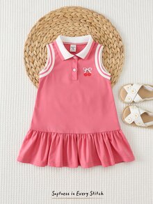 Cozy Pixies 女嬰粉色與白色夏季可愛開學櫻桃蝴蝶結前扣 A 字無袖荷葉邊下擺 Polo 洋裝套裝 - 粉色 - 查看 3