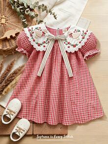 Cozy Pixies Baby Girls' Colorblock Ruffled Collar Plaid Puff Sleeve Casual Cute Dress - Multicolor - View 1