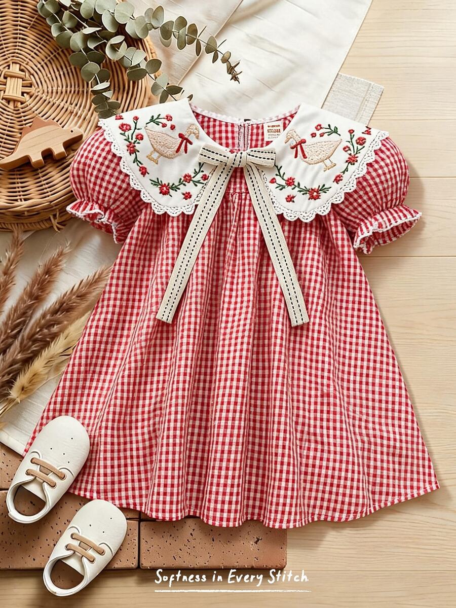Cozy Pixies Baby Girls' Colorblock Ruffled Collar Plaid Puff Sleeve Casual Cute Dress - Multicolor - View 1