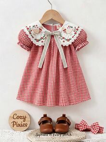 Cozy Pixies Baby Girls' Colorblock Ruffled Collar Plaid Puff Sleeve Casual Cute Dress - Multicolor - View 4