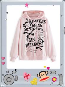 Paul Frank X ROMWE 街頭 Y2K 風格女款寬鬆拼接配色繫帶蝴蝶結刺繡 Logo 連帽前開襟運動衫 - 粉色 - 查看 5