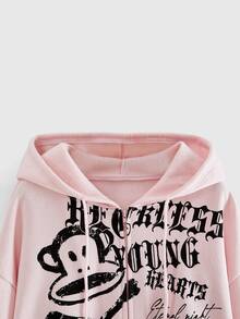 Paul Frank X ROMWE 街頭 Y2K 風格女款寬鬆拼接配色繫帶蝴蝶結刺繡 Logo 連帽前開襟運動衫 - 粉色 - 查看 3