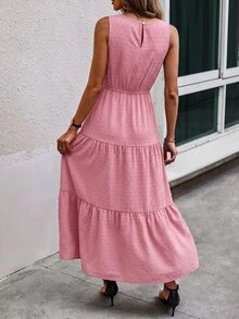 Louniche Women's Summer Round Neck Textured Pom-Pom Woven Solid Color Sleeveless Dress, Suitable For Vacation And Summer Wear, Elegant Party Dress, Suitable For Women's Party, Date, Wedding Season, Work Commute, Business Elegant, Graduation Season, Back To School, Teacher's Day, Christmas, Thanksgiving, Mother's Day - Pink - View 2