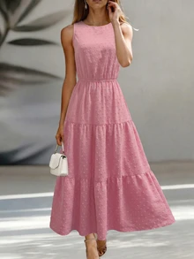 Louniche Women's Summer Round Neck Textured Pom-Pom Woven Solid Color Sleeveless Dress, Suitable For Vacation And Summer Wear, Elegant Party Dress, Suitable For Women's Party, Date, Wedding Season, Work Commute, Business Elegant, Graduation Season, Back To School, Teacher's Day, Christmas, Thanksgiving, Mother's Day - Pink - View 5