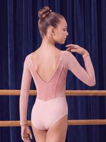 SHEIN Tween Girl Gymnastics Leotard, Fitted Long Sleeve High Elasticity Sports Gymnastics Outfit, Pink Velvet Fabric With High Elasticity Knit Patchwork, Suitable For Gymnastics Daily Training, Ballet, Performance And More, All Season Wear - Pink - View 4