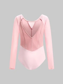SHEIN Tween Girl Gymnastics Leotard, Fitted Long Sleeve High Elasticity Sports Gymnastics Outfit, Pink Velvet Fabric With High Elasticity Knit Patchwork, Suitable For Gymnastics Daily Training, Ballet, Performance And More, All Season Wear - Pink - View 7