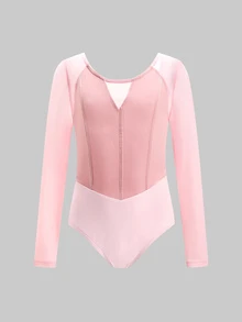 SHEIN Tween Girl Gymnastics Leotard, Fitted Long Sleeve High Elasticity Sports Gymnastics Outfit, Pink Velvet Fabric With High Elasticity Knit Patchwork, Suitable For Gymnastics Daily Training, Ballet, Performance And More, All Season Wear - Pink - View 6